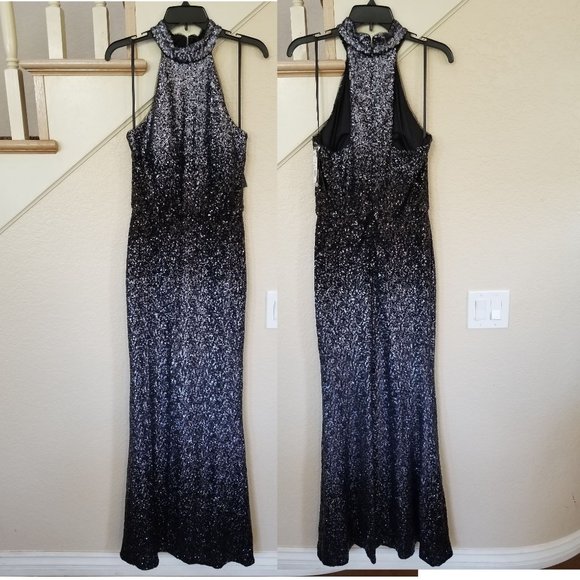 AQUA Gunmetal & Black Sequined Ombre Halter Neck Wedding Prom Formal Dress 2 - Picture 2 of 4